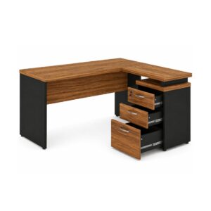 Mesa Escritório em “L” c/ Gavetão na Auxiliar 1,50×1,50m – (Tampo 40mm) – Nogal Sevilha / Preto - 21416