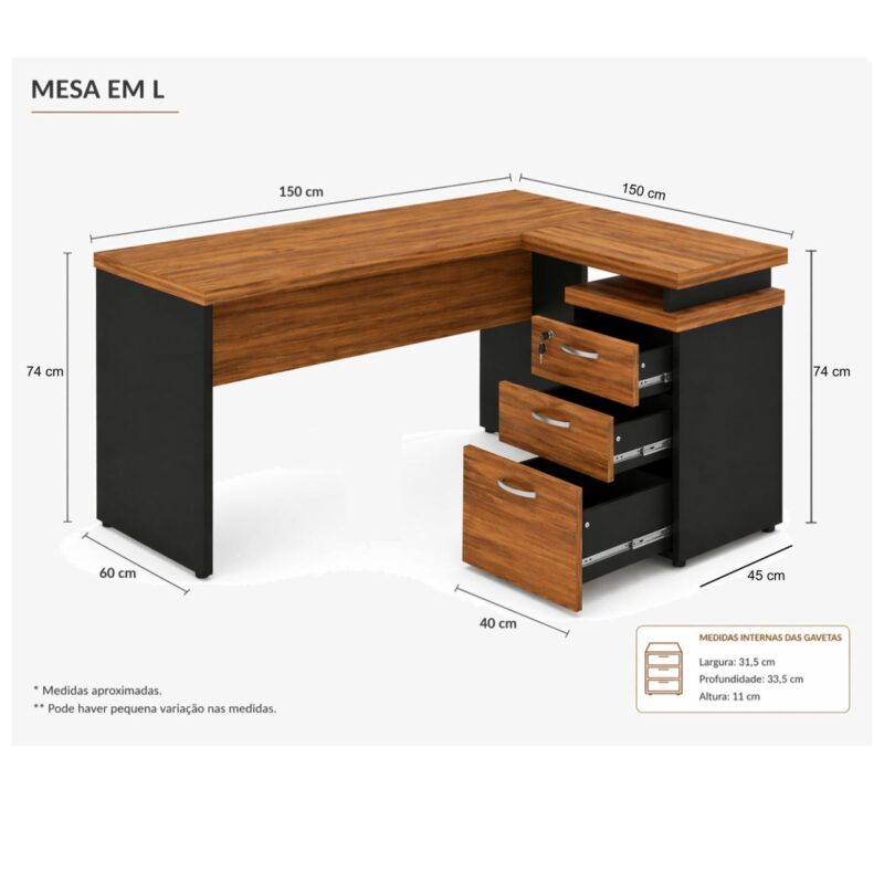 Móveis para Escritório Mesa Escritório em “L” c/ Gavetão na Auxiliar 1,50×1,50m – (Tampo 40mm) – Nogal Sevilha / Preto - 21416