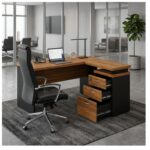 Móveis para Escritório Mesa Escritório em “L” c/ Gavetão na Auxiliar 1,70×1,60m – (Tampo 40mm) – Nogal Sevilha / Preto - 21423