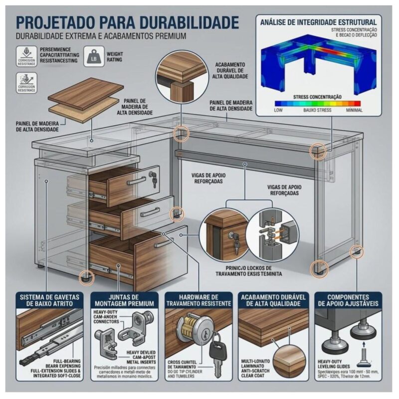 Móveis para Escritório Mesa Escritório em “L” c/ Gavetão na Auxiliar 1,70×1,60m – (Tampo 40mm) – Nogal Sevilha / Preto - 21423