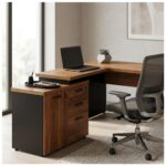 Móveis para Escritório Mesa Escritório em "L" - 1,50x1,50m (Extensível) - com Armário Misto (03 Gav.) - WORKSTART - NOGAL/SEVILHA - 20603