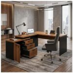 Móveis para Escritório Mesa Escritório em "L" - 1,50x1,50m (Extensível) - com Armário Misto (03 Gav.) - WORKSTART - NOGAL/SEVILHA - 20603