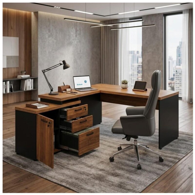 Móveis para Escritório Mesa Escritório em "L" - 1,50x1,50m (Extensível) - com Armário Misto (03 Gav.) - WORKSTART - NOGAL/SEVILHA - 20603