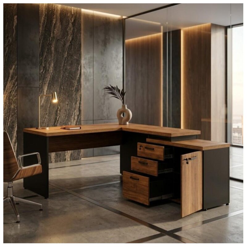Móveis para Escritório Mesa Escritório em "L" - 1,50x1,50m (Extensível) - com Armário Misto (03 Gav.) - WORKSTART - NOGAL/SEVILHA - 20603