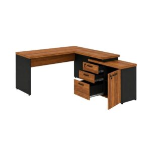 Mesa Escritório em "L" - 1,50x1,50m (Extensível) - com Armário Misto (03 Gav.) - WORKSTART - NOGAL/SEVILHA - 20603