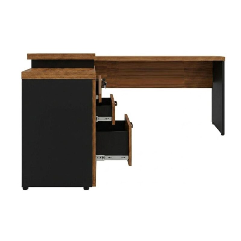 Móveis para Escritório Mesa Escritório em "L" - 1,50x1,50m (Extensível) - com Armário Misto (03 Gav.) - WORKSTART - NOGAL/SEVILHA - 20603