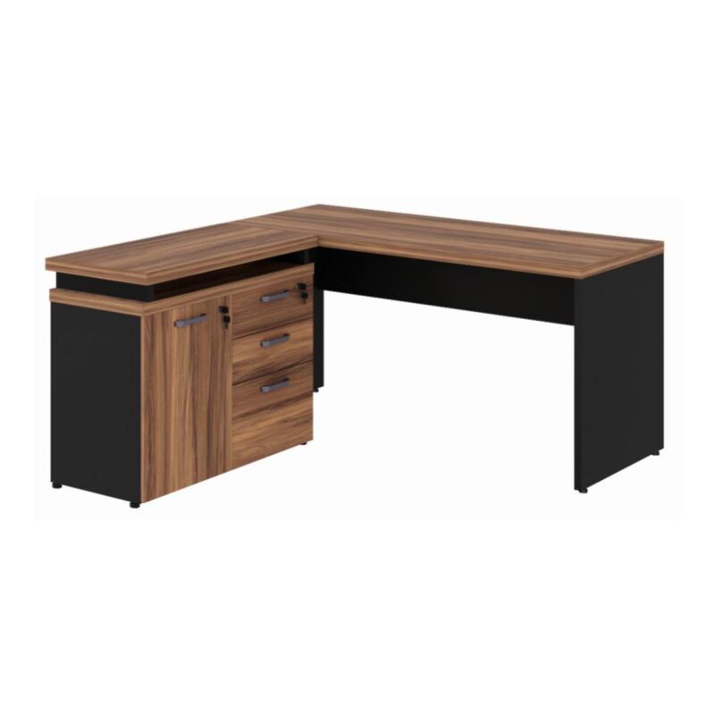 Móveis para Escritório Mesa Escritório em "L" - 1,50x1,50m (Extensível) - com Armário Misto (03 Gav.) - WORKSTART - NOGAL/SEVILHA - 20603