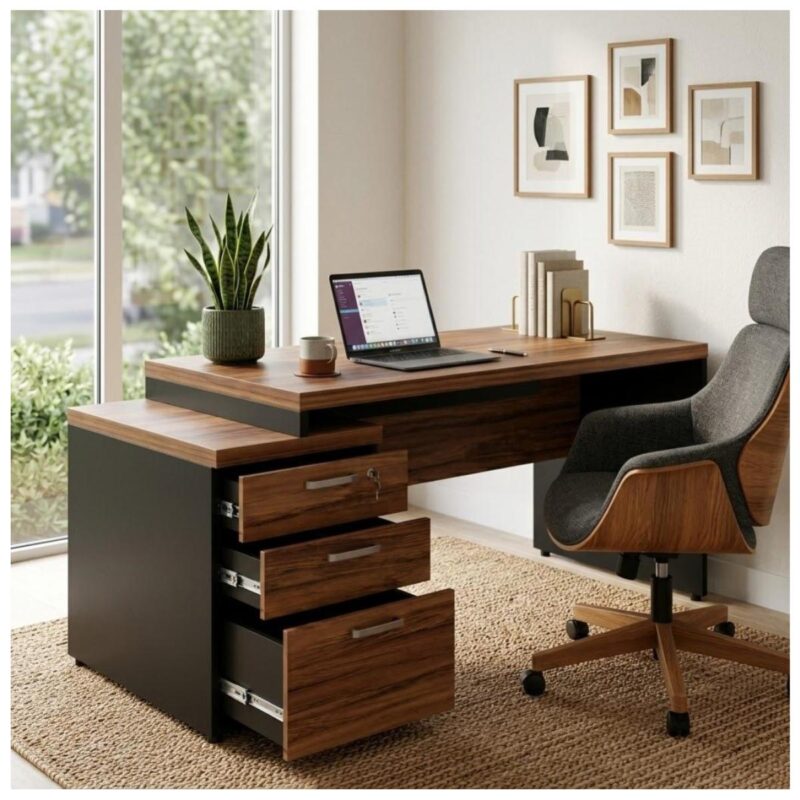 Móveis para Escritório Mesa para Escritório com Gaveteiro 3 Gavetas 1,92m x 0,70cm – Escrivaninha Home Office Amadeirada – Sevilha / Preto - 21405