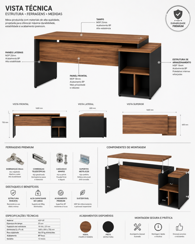 Móveis para Escritório Mesa para Escritório com Gaveteiro 3 Gavetas C/VIDRO 1,92m x 0,70cm – Escrivaninha Home Office Amadeirada – Sevilha / Preto - 21399