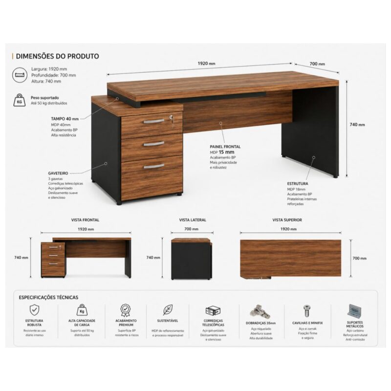 Móveis para Escritório Mesa para Escritório com Gaveteiro 3 Gavetas C/VIDRO 1,92m x 0,70cm – Escrivaninha Home Office Amadeirada – Sevilha / Preto - 21399