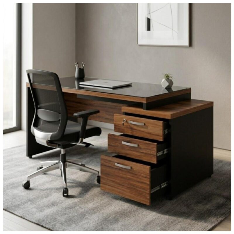 Móveis para Escritório Mesa para Escritório com Gaveteiro 3 Gavetas C/VIDRO 1,92m x 0,70cm – Escrivaninha Home Office Amadeirada – Sevilha / Preto - 21399