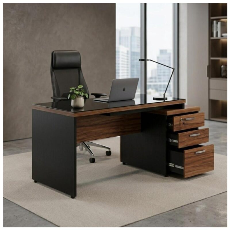Móveis para Escritório Mesa para Escritório com Gaveteiro 3 Gavetas C/VIDRO 1,92m x 0,70cm – Escrivaninha Home Office Amadeirada – Sevilha / Preto - 21399