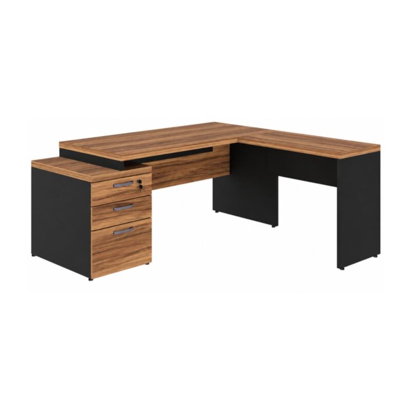 Móveis para Escritório Mesa de Escritório em L Diretor 1,92 x 1,60 Tampo 40mm com Gaveteiro – Nogal Sevilha  / Preto - 21406