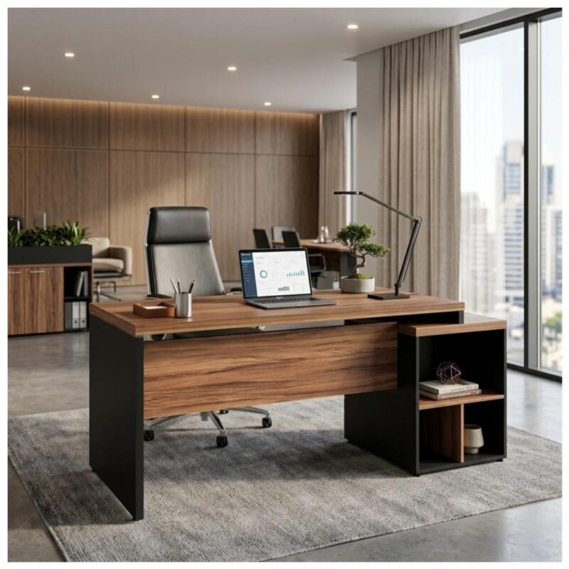 Móveis para Escritório Mesa de Escritório em L Diretor 1,92 x 1,60 Tampo 40mm com Gaveteiro – Nogal Sevilha  / Preto - 21406