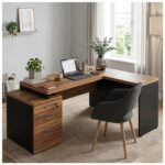 Móveis para Escritório Mesa de Escritório em L Diretor 1,92 x 1,60 Tampo 40mm com Gaveteiro – Nogal Sevilha  / Preto - 21406