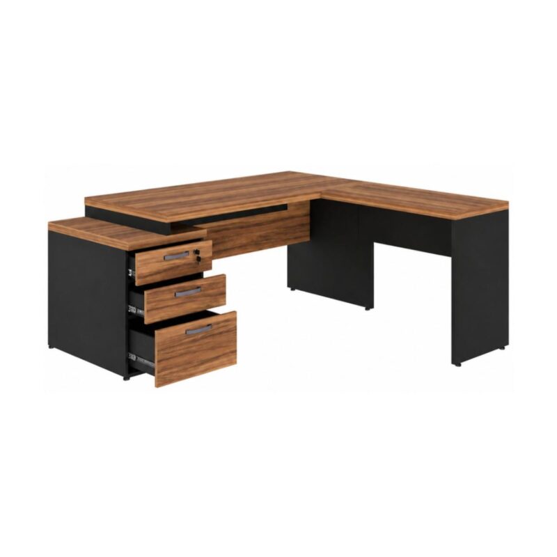 Móveis para Escritório Mesa de Escritório em L Diretor 1,92 x 1,60 Tampo 40mm com Gaveteiro – Nogal Sevilha  / Preto - 21406