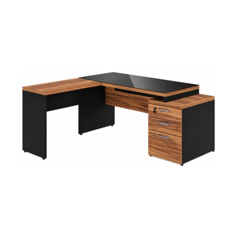 Móveis para Escritório Mesa de Escritório em L Diretor C/VIDRO 1,92 x 1,60 Tampo 40mm com Gaveteiro – Nogal Sevilha  / Preto - 21407