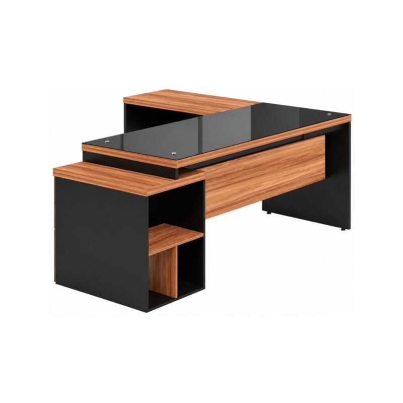 Móveis para Escritório Mesa de Escritório em L Diretor C/VIDRO 1,92 x 1,60 Tampo 40mm com Gaveteiro – Nogal Sevilha  / Preto - 21407