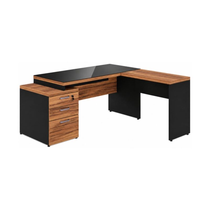 Móveis para Escritório Mesa de Escritório em L Diretor C/VIDRO 1,92 x 1,60 Tampo 40mm com Gaveteiro – Nogal Sevilha  / Preto - 21407