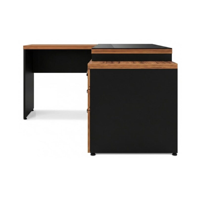 Móveis para Escritório Mesa de Escritório em L Diretor C/VIDRO 1,92 x 1,60 Tampo 40mm com Gaveteiro – Nogal Sevilha  / Preto - 21407