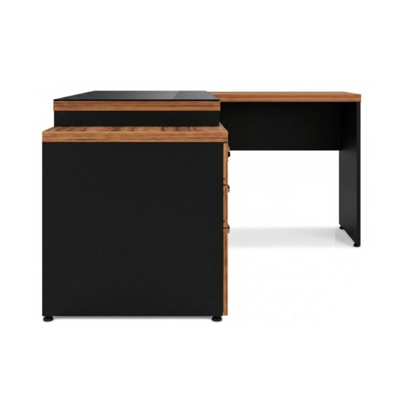 Móveis para Escritório Mesa de Escritório em L Diretor C/VIDRO 1,92 x 1,60 Tampo 40mm com Gaveteiro – Nogal Sevilha  / Preto - 21407