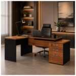 Móveis para Escritório Mesa de Escritório em L Diretor C/VIDRO 1,92 x 1,60 Tampo 40mm com Gaveteiro – Nogal Sevilha  / Preto - 21407