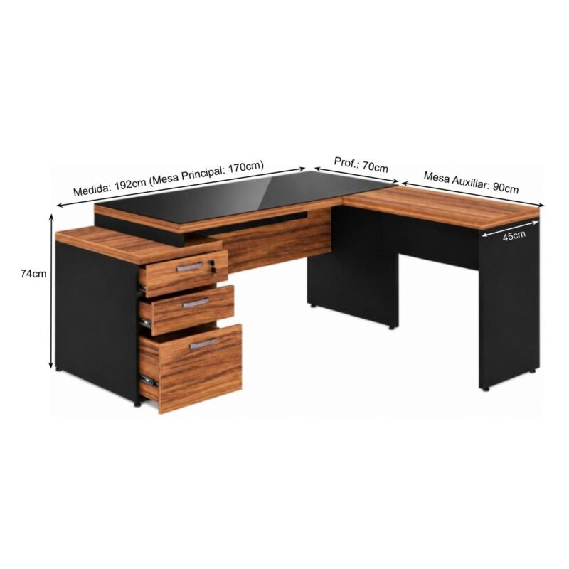 Móveis para Escritório Mesa de Escritório em L Diretor C/VIDRO 1,92 x 1,60 Tampo 40mm com Gaveteiro – Nogal Sevilha  / Preto - 21407