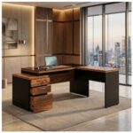 Móveis para Escritório Mesa de Escritório em L Diretor C/VIDRO 1,92 x 1,60 Tampo 40mm com Gaveteiro – Nogal Sevilha  / Preto - 21407