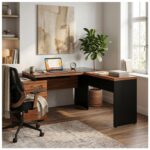 Móveis para Escritório Mesa de Escritório em L Diretor C/VIDRO 1,92 x 1,60 Tampo 40mm com Gaveteiro – Nogal Sevilha  / Preto - 21407