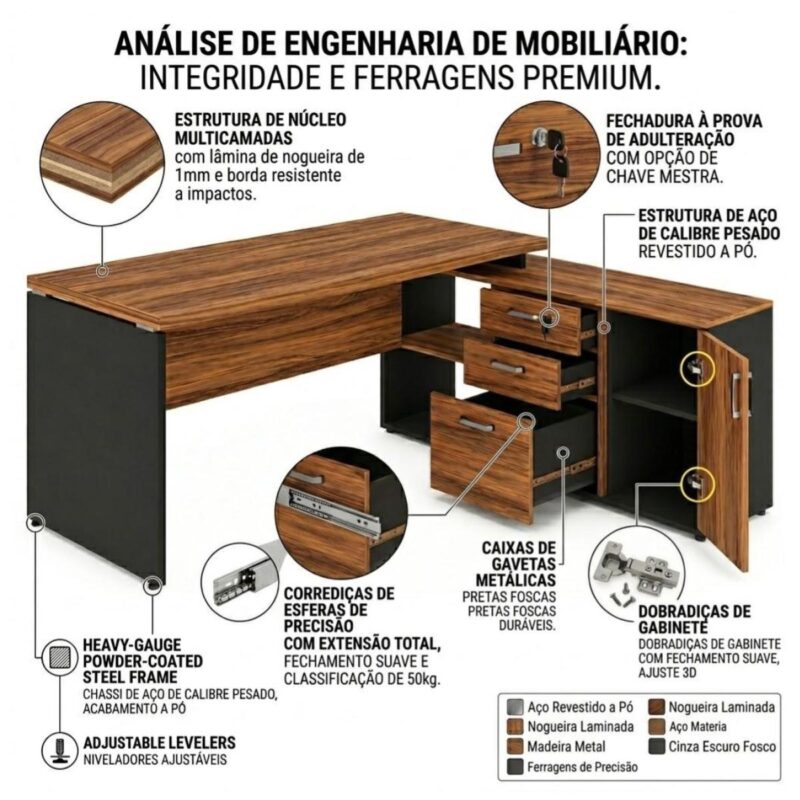 Móveis para Escritório Mesa Diretorzinha c/ Aparador - 1,90x1,50m -  NOGAL SEVILHA / PRETO - 21426