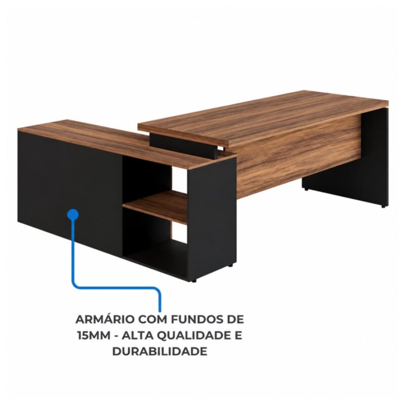 Móveis para Escritório Mesa Diretorzinha c/ vidro c/ Aparador - 1,90x1,50m - NOGAL SEVILHA / PRETO - 21428