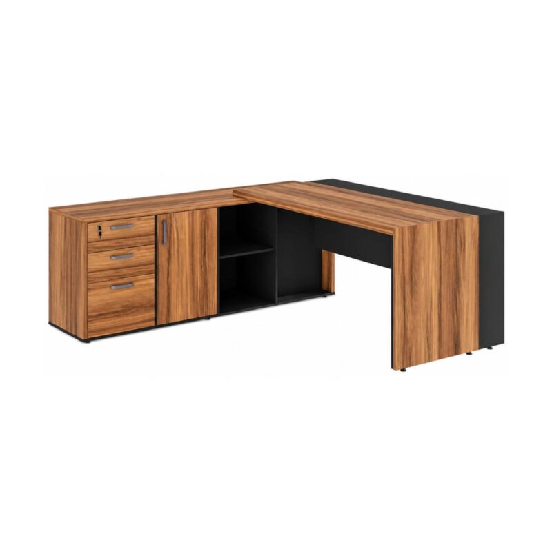 Móveis para Escritório Mesa Escritório PRESIDENTE c/ Armário Pedestal - 1,82x1,80m - WORK START - NOGAL SEVILHA/PRETO - 20602