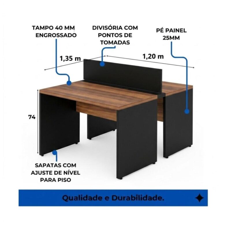 Móveis para Escritório Estação de Trabalho Dupla 1,20m Mesa de Escritório Tampo 40mm e Divisória - Nogal Sevilha / Preto - 63085