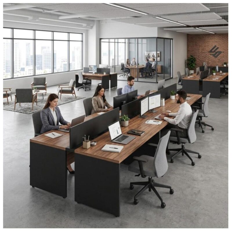Móveis para Escritório Estação de Trabalho Dupla 1,20m Mesa de Escritório Tampo 40mm com Gaveteiro e Divisória - Nogal Sevilha / Preto - 63086