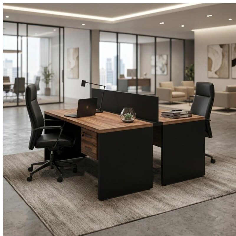 Móveis para Escritório Estação de Trabalho Dupla 1,20m Mesa de Escritório Tampo 40mm com Gaveteiro e Divisória - Nogal Sevilha / Preto - 63086