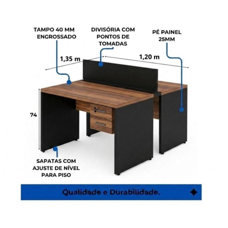 Móveis para Escritório Estação de Trabalho Dupla 1,20m Mesa de Escritório Tampo 40mm com Gaveteiro e Divisória - Nogal Sevilha / Preto - 63086