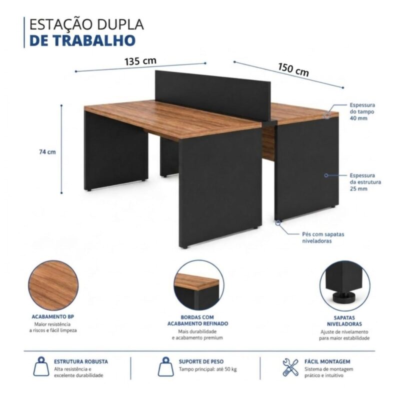 Móveis para Escritório Estação de Trabalho Dupla 1,50m Mesa de Escritório Tampo 40mm com Divisória - 63087
