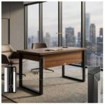 Móveis para Escritório Mesa de Escritório Industrial 1,50 x 0,60cm Nogal Sevilha Tampo 40mm – Escrivaninha Home Office Premium Pollo - Sevilha / Preto - 24472