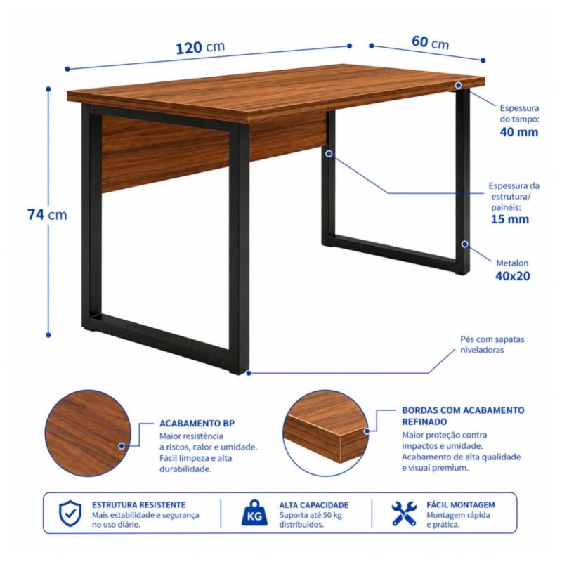 Móveis para Escritório Mesa de Escritório Industrial 1,20m x 0,60cm Nogal Sevilha Tampo 40mm – Escrivaninha Home Office Premium Pollo - Sevilha / Preto - 24469