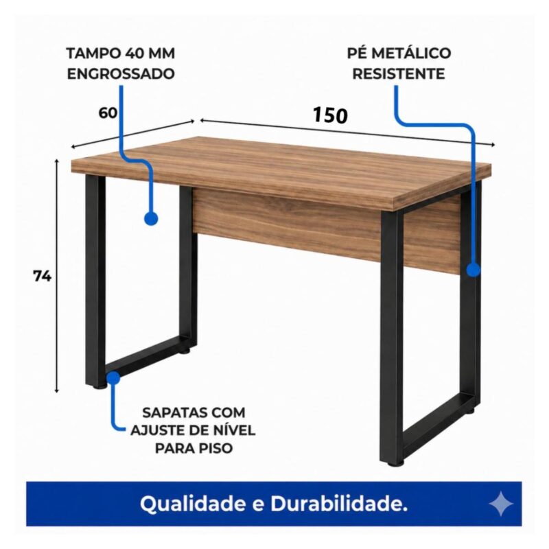 Móveis para Escritório Mesa de Escritório Industrial 1,50 x 0,60cm Nogal Sevilha Tampo 40mm – Escrivaninha Home Office Premium Pollo - Sevilha / Preto - 24472