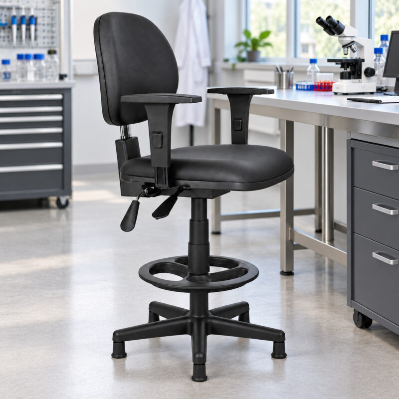Cadeira caixa executiva lisa Back System com braços reguláveis preta em laboratório técnico