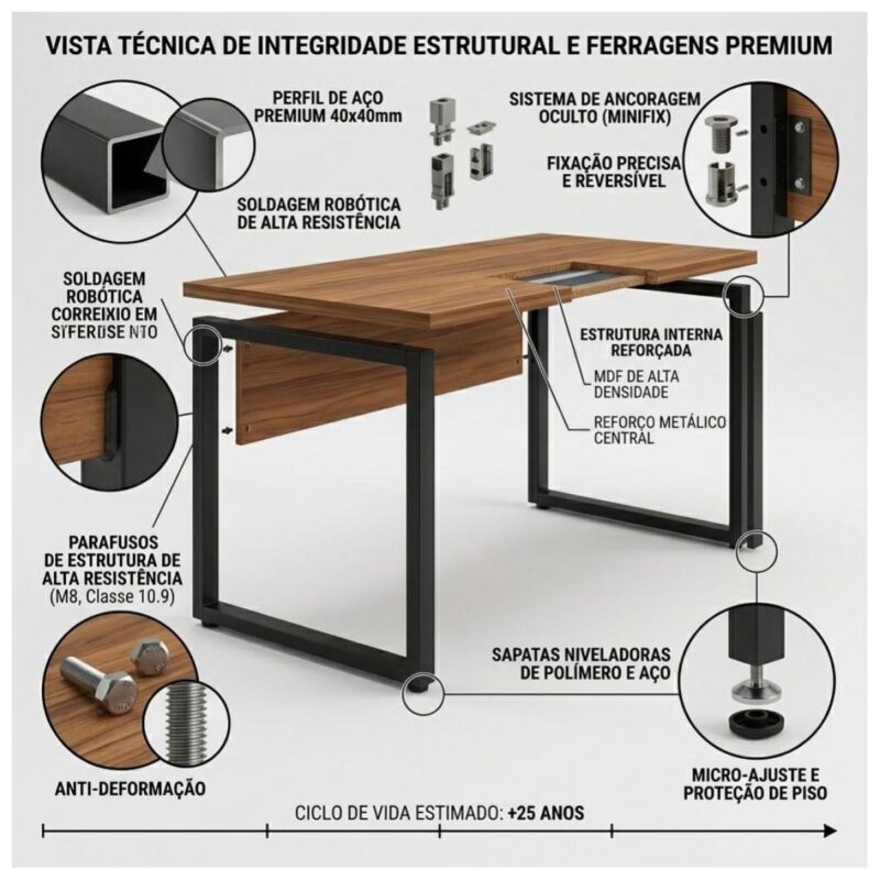 Móveis para Escritório Escrivaninha Home Office Industrial Amadeirada 170x70cm Tampo 40mm Premium - Sevilha / Preto - 24474