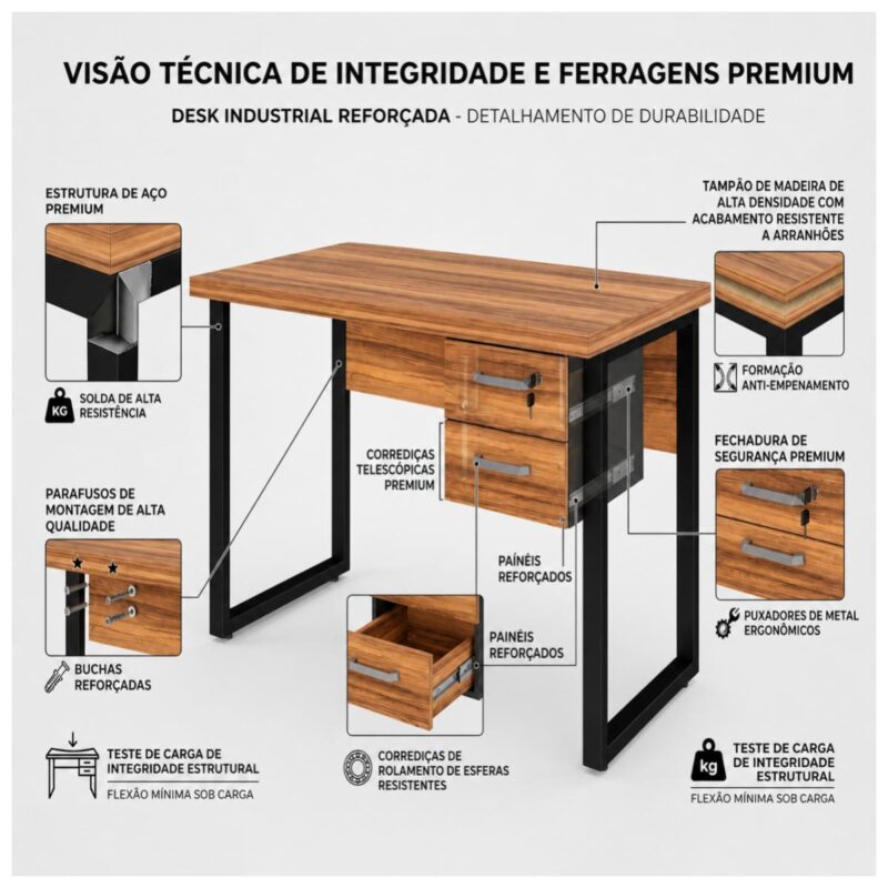 Móveis para Escritório Mesa Escritório PÉ QUADRO - 1,20x0,60m - C/ Gavetas - NOGAL SEVILHA/PRETO - 24471