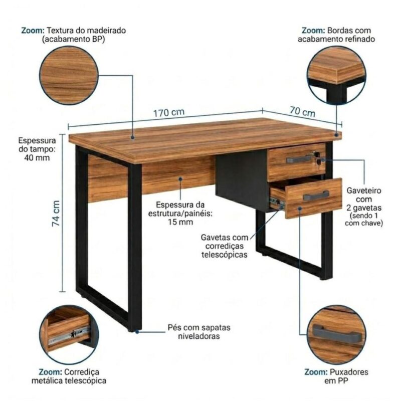 Móveis para Escritório Mesa Escritório PÉ QUADRO 1,70x0,70m - C/ Gavetas - NOGAL SEVILHA/PRETO - 24475