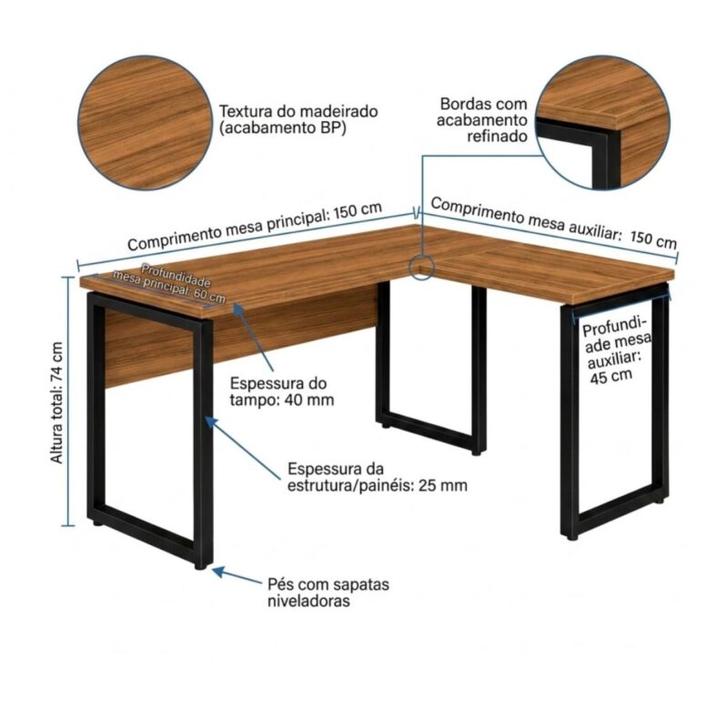 Móveis para Escritório Mesa de Escritório em L Diretor Premium 150x150cm Tampo 40mm – Sevilha / Preto - 24476