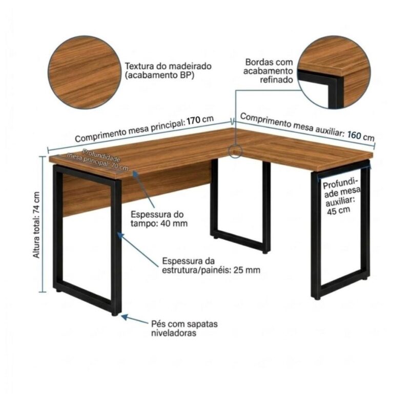 Móveis para Escritório Mesa de Escritório em L Diretor Premium 170x160cm Tampo 40mm – Sevilha / Preto - 24478