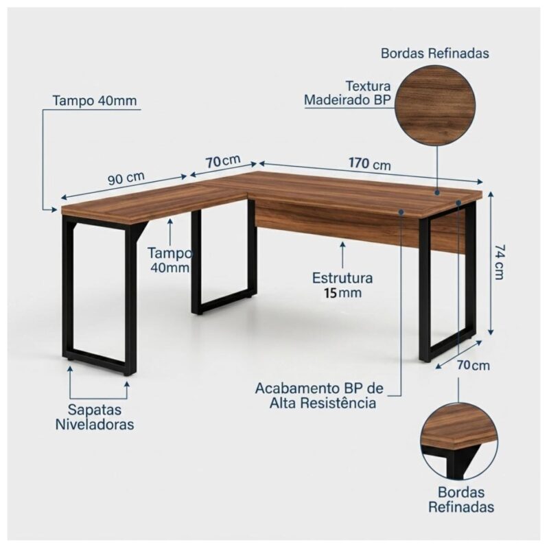 Móveis para Escritório Mesa de Escritório em L Diretor Premium 170x160cm Tampo 40mm – Sevilha / Preto - 24478