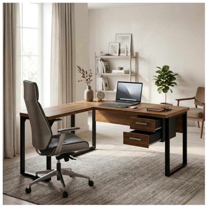 Móveis para Escritório Mesa em L com PÉ QUADRO (Mesa 1,70m + Mesa Auxiliar) - C/ Gavetas - WORKSTART - NOGAL SEVILHA/PRETO - 24479
