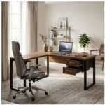 Móveis para Escritório Mesa em L com PÉ QUADRO (Mesa 1,50m + Mesa Auxiliar) - C/ Gavetas - WORKSTART - NOGAL SEVILHA/PRETO - 24477