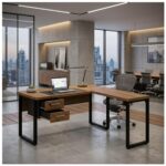 Móveis para Escritório Mesa em L com PÉ QUADRO (Mesa 1,50m + Mesa Auxiliar) - C/ Gavetas - WORKSTART - NOGAL SEVILHA/PRETO - 24477